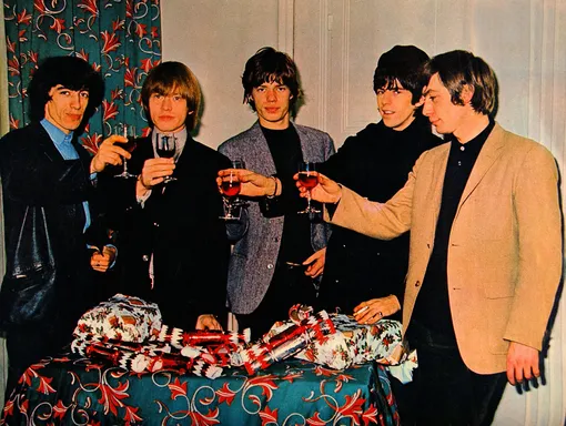 UNSPECIFIED — JANUARY 01: (AUSTRALIA OUT) Photo of ROLLING STONES and Charlie WATTS and Mick JAGGER and Keith RICHARDS and Bill WYMAN and Brian JONES; Posed group portrait, Christmas L-R Bill Wyman, Brian Jones, Mick Jagger, Keith Richards and Charlie Watts (Photo by