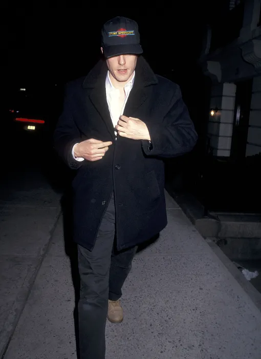 Actor Hugh Grant on April 11, 1996 walking on Madison Avenue in New York City. (Photo by )