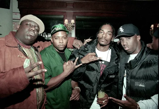 Рэперы Notorious BIG, Nate Dogg, Snoop Dogg и P Diddy, 1995