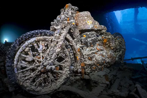 Wroom. 3rd Place, Compact Wide Angle. A motorcycle, photographed in the wreck of the SS Thistlegorm, that was sunk in the Red Sea in 1941